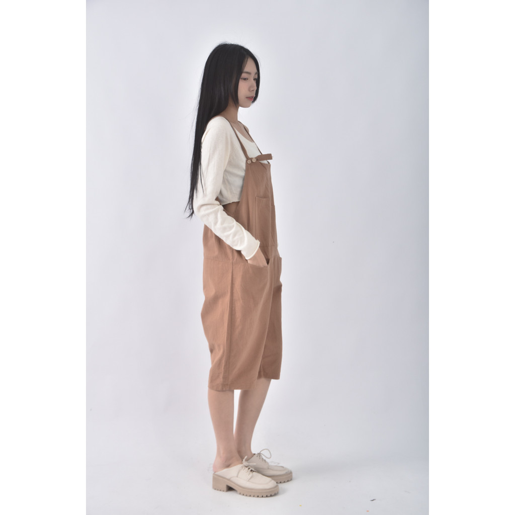 (F) leng leng高腰吊帶口袋棕色連身裝二手衣, , large