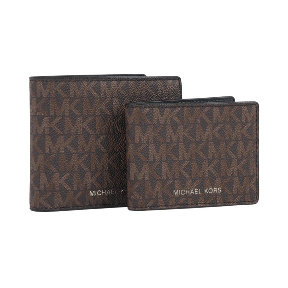 Michael Kors Cooper 銀字滿版塗層帆布附活動式卡夾對開短夾(咖啡色), , large