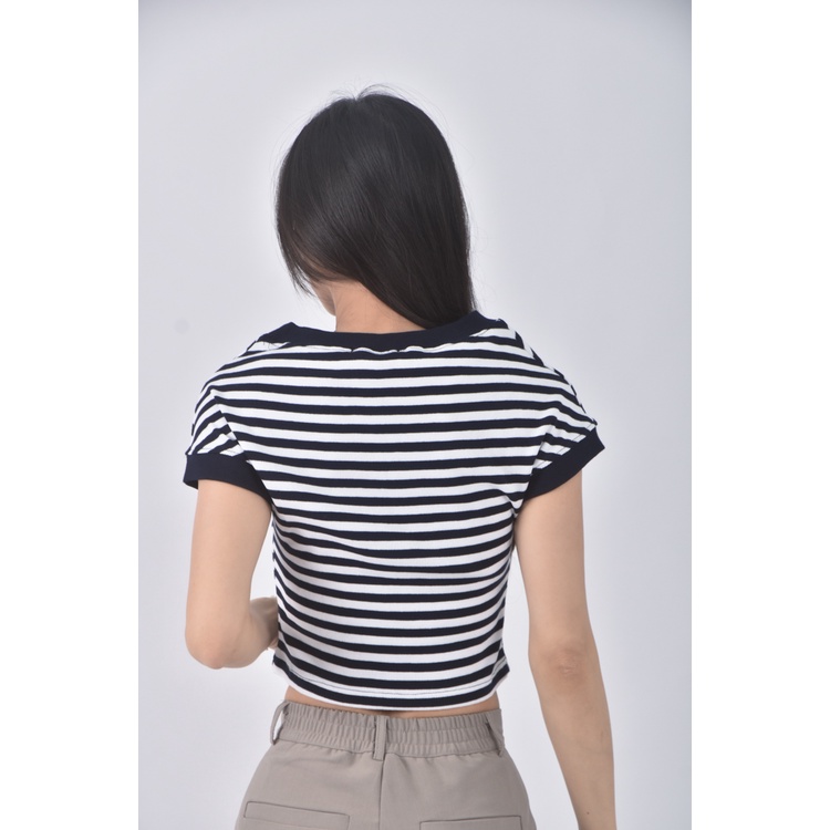 (S) topdressing韓牌質感修身短版條紋藍色短袖上衣二手衣, , large