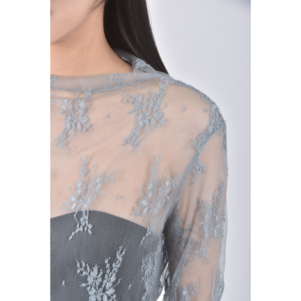 (S) vee miny質感蕾絲藍色長袖上衣二手衣, , large