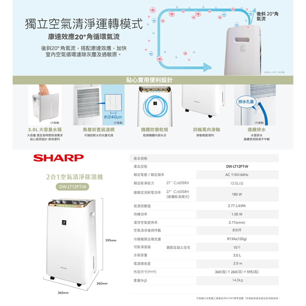 SHARP 夏普 12L 節能一級 自動除菌離子2合1空氣清淨除濕機 DW-LT12FT-W, , large
