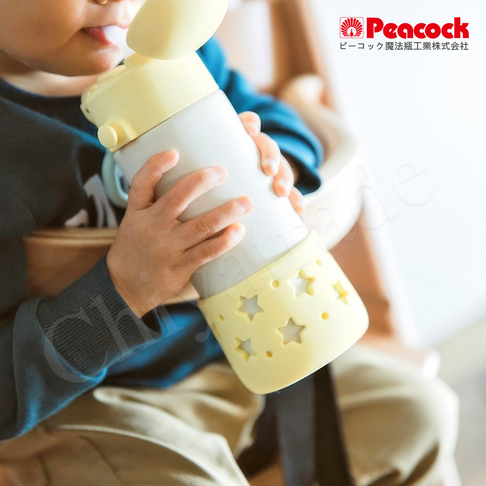 【日本孔雀Peacock】耐衝擊底座  背帶式 一鍵彈開吸管杯 兒童不鏽鋼保溫杯水壺400ML-星光黃, , large