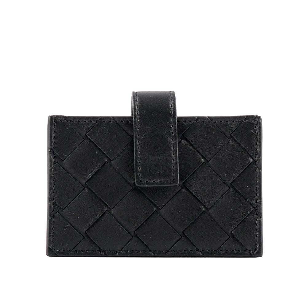 BOTTEGA VENETA 小牛皮編織風琴式壓釦卡片夾/黑色, , large