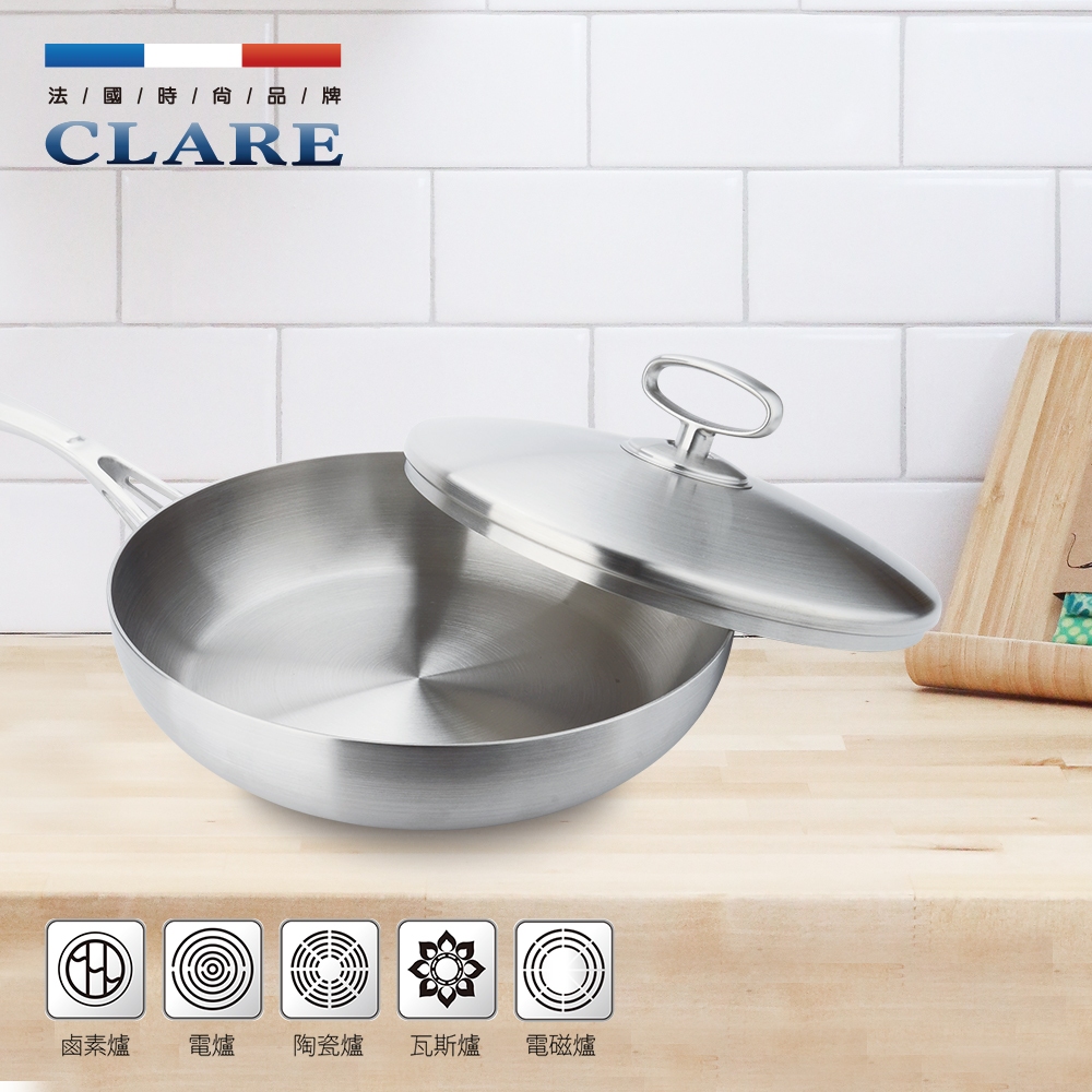 CLARE 可蕾爾 晶鑽316不鏽鋼七層複合金炒鍋附蓋 33cm單把 附蓋-Leidea樂德兒, , large