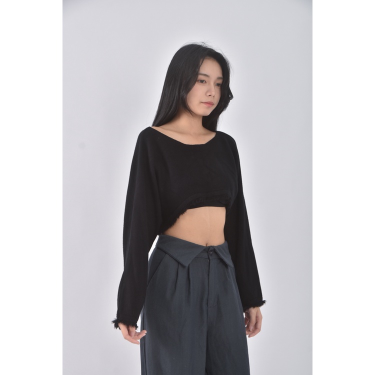 (F) 【智恩私服】ggaebi韓牌質感修身短版黑色長袖上衣二手衣, , large