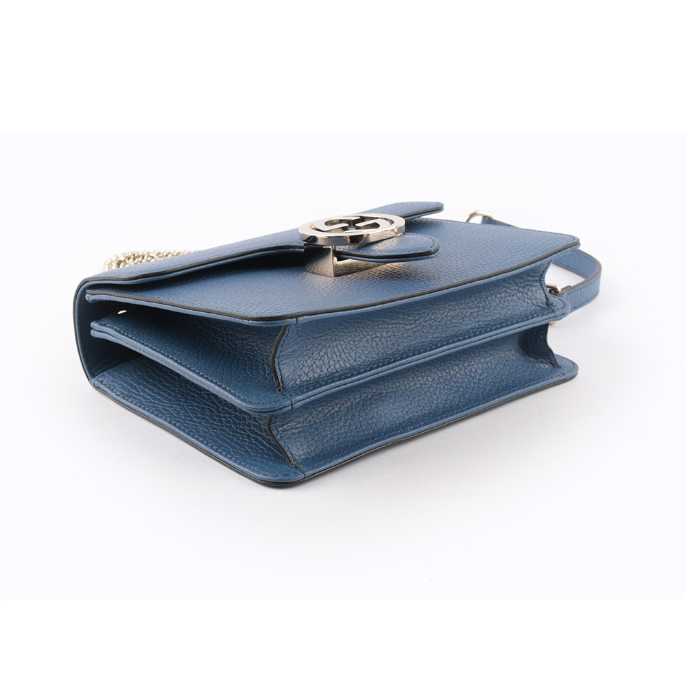 GUCCI 金屬雙G Logo荔枝皮革方形斜背包/藍色, , large