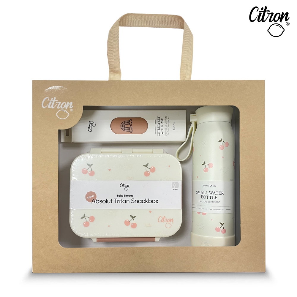 【Citron】頂級餐具禮盒(甜美櫻桃-點心盒+矽膠提把三層保溫瓶_350ml+兒童餐具四件組_浪漫粉), , large