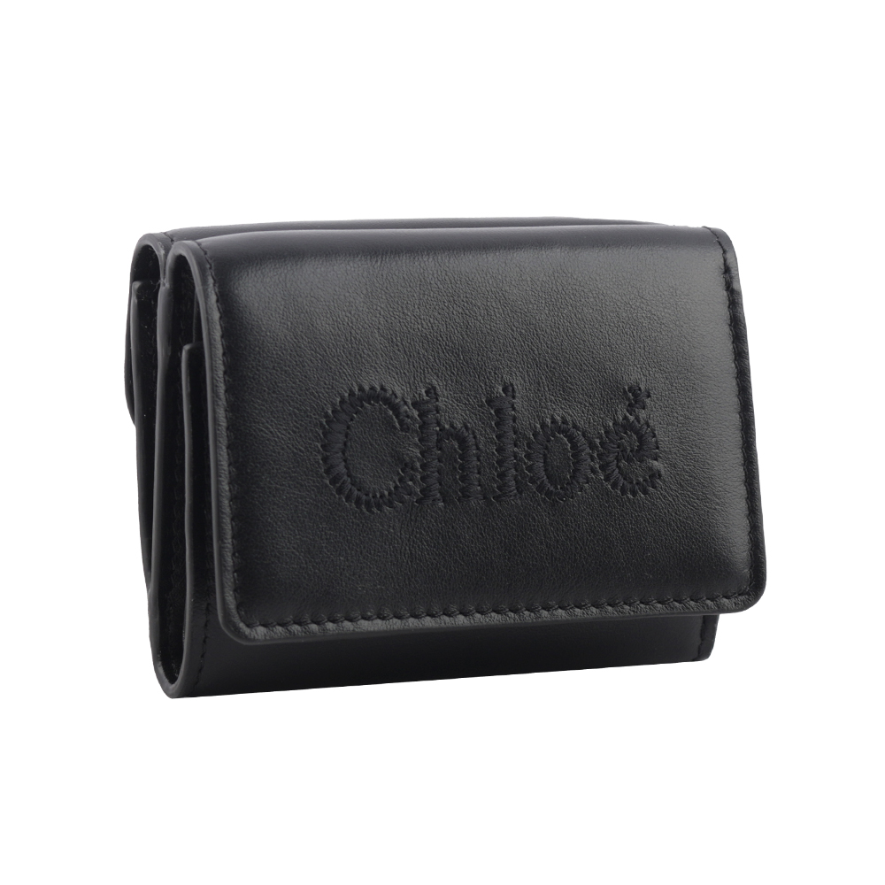 CHLOE' Sense 刺繡標誌小款三折短夾/黑色, , large