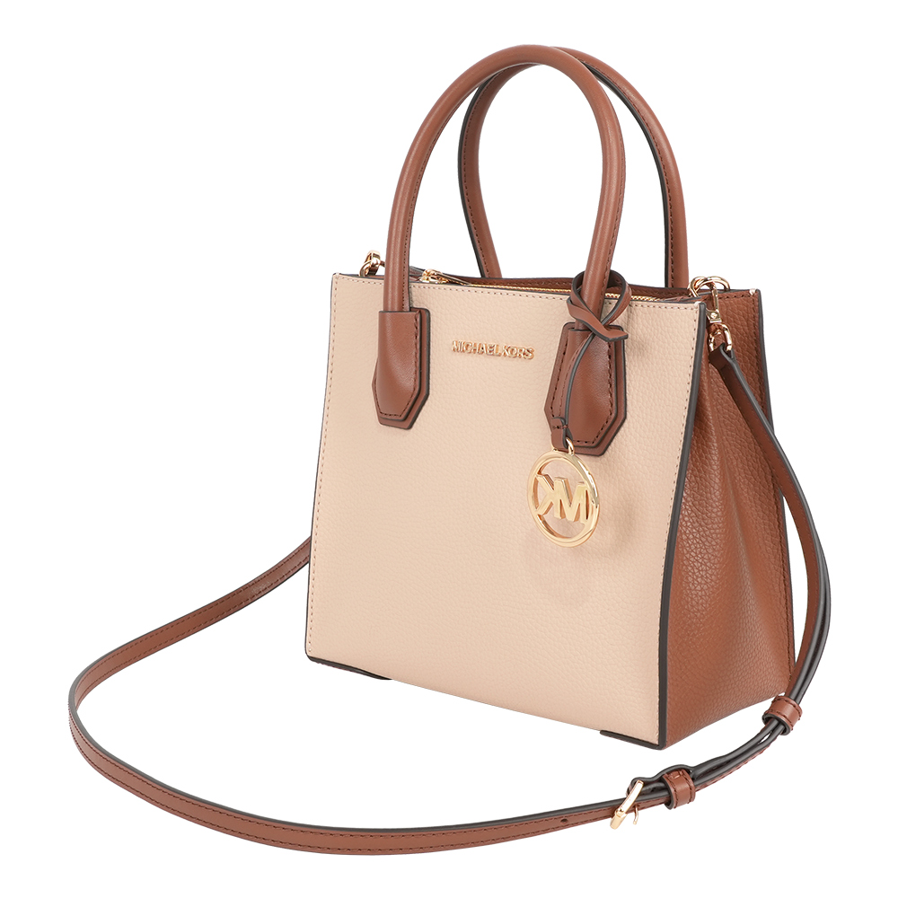 Michael Kors Mercer Logo 吊飾粒紋皮革中型二用包(粉膚/焦糖), , large