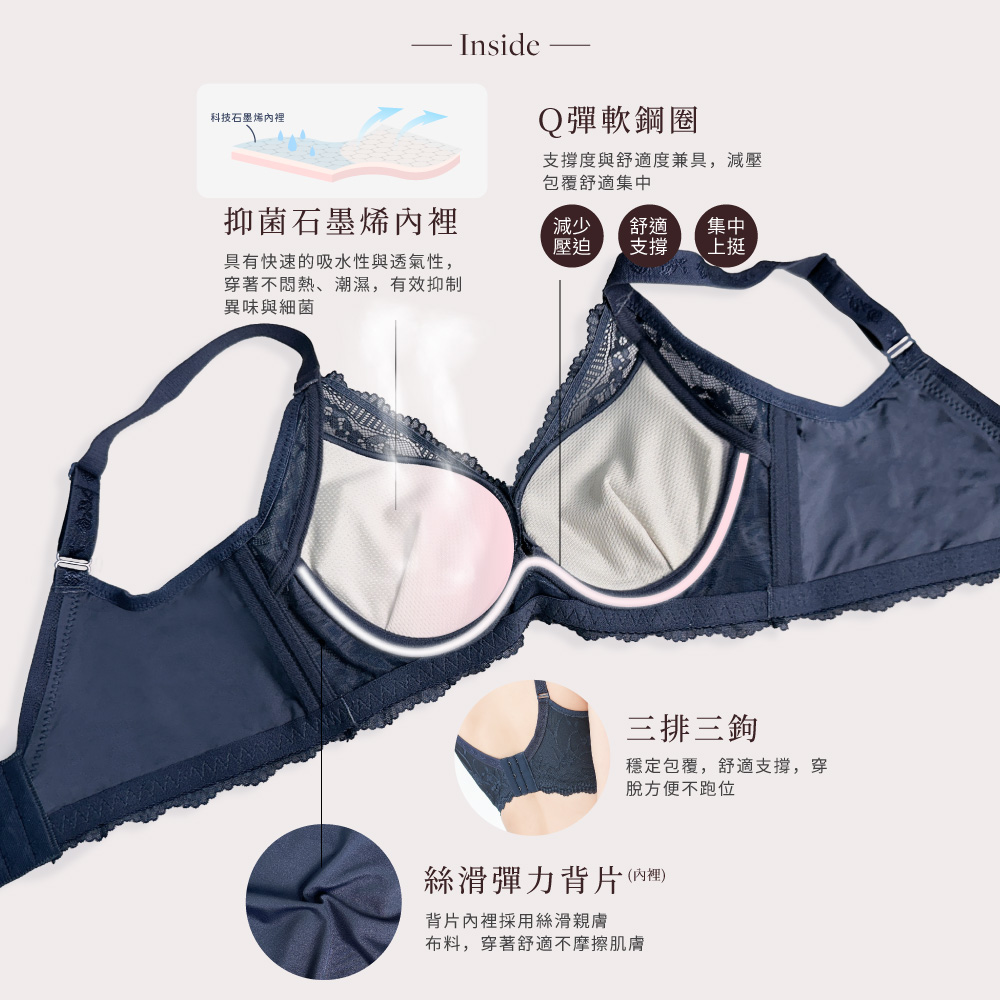 【Clany可蘭霓 】台灣製 法蕾柔波 抑菌石墨烯軟鋼圈ABC水美人蕾絲內衣 8066-62 深灰藍, , large