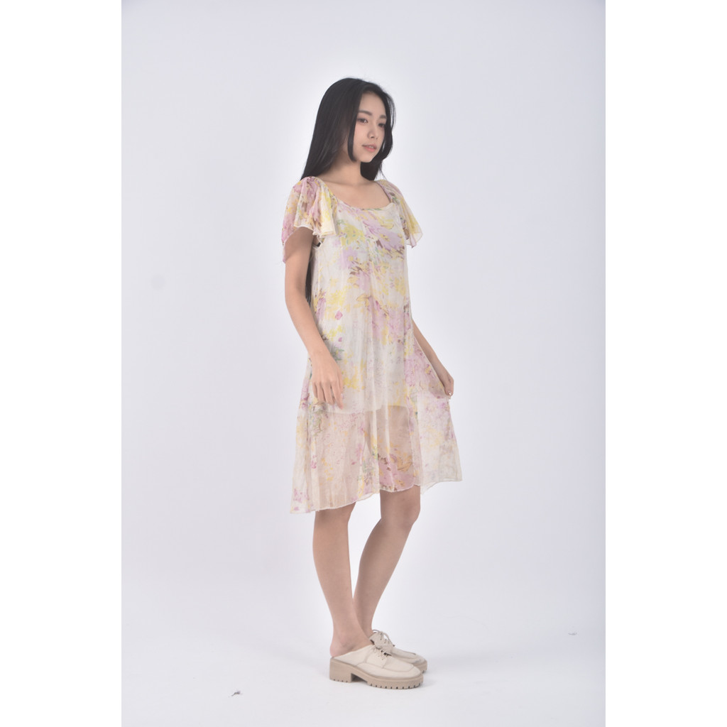 (S) 紡紗圓領黃色洋裝二手衣, , large