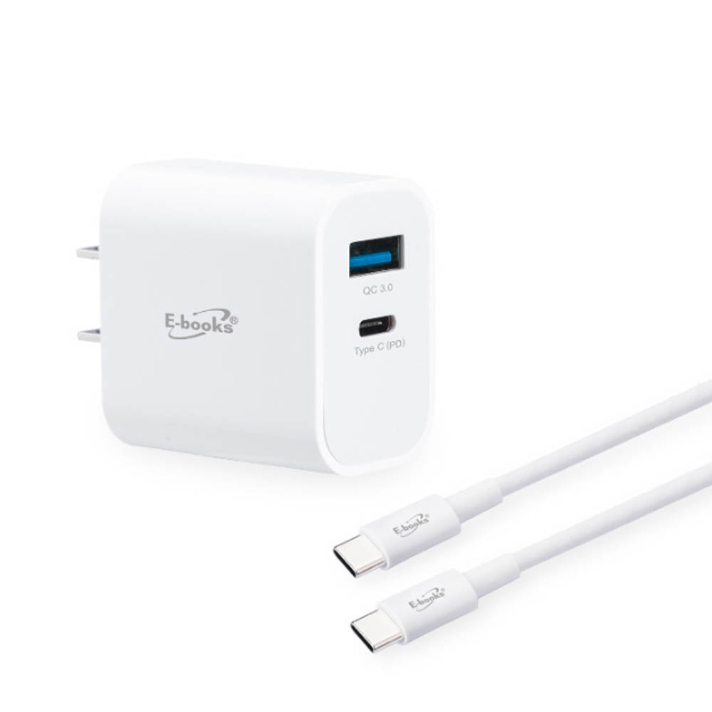 E-BOOKS B78 20W PD+QC3.0 Fast Charger + 60W C to C Fast Charging Cable Set - Dual-Hole Output, Eco-friendly TPE