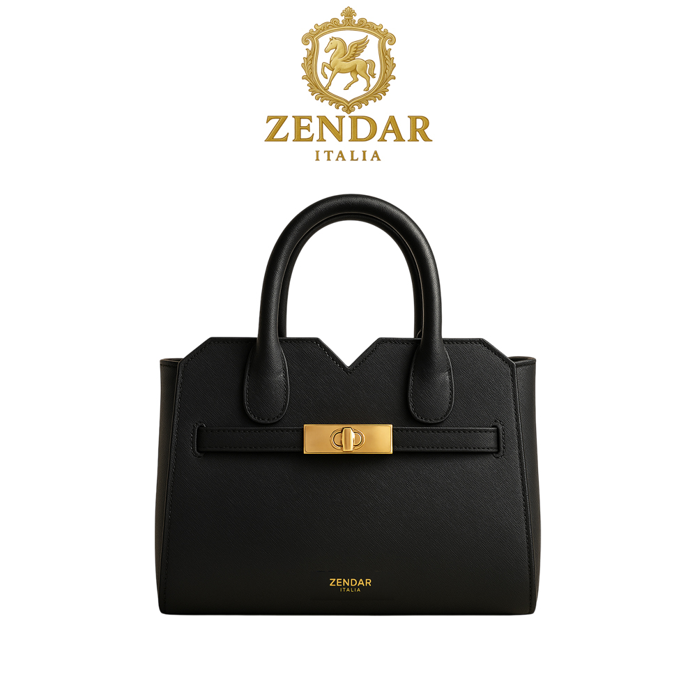 【ZENDAR】限量1折 頂級小牛皮十字紋手提包肩背包 娜塔莉系列 全新專櫃展示品(黑色 25號), , large