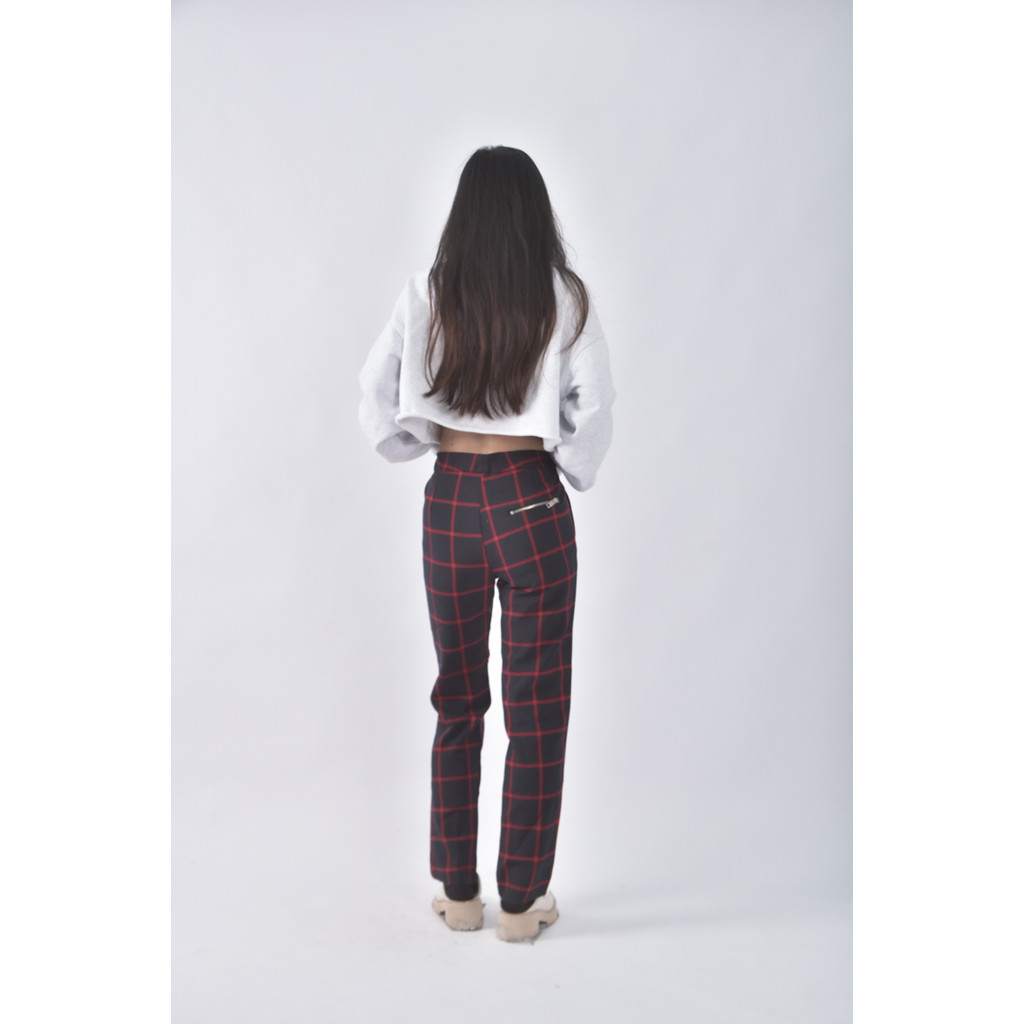 (XL) style in side高腰質感格紋紅色長褲二手衣, , large