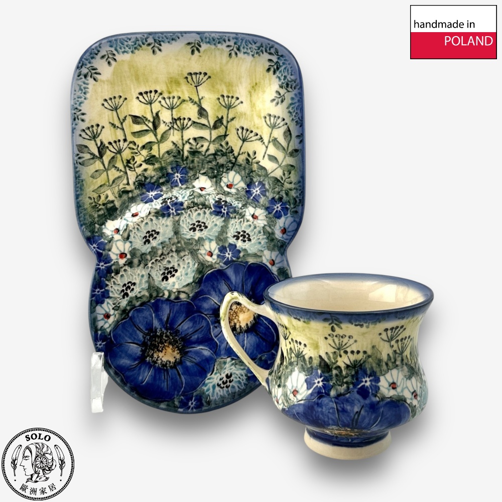 【SOLO Vintage】Cerraf Polish Pottery 180ml Breakfast Cup + Saucer Set Traces of Fragrance in the Blue Fields Series Made in Poland, , large