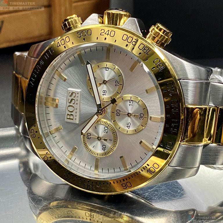 [星晴錶業]BOSS手錶,44mm,HB1512960白色錶面金色錶殼金銀相間精鋼錶帶款, , large