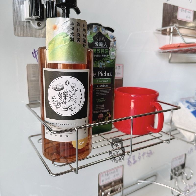 [熊好貼國際]中型多功能置物架(304不鏽鋼)洗衣粉架 洗衣精 無痕掛勾  凹凸 紋路光滑牆面皆可貼(選超黏)掛鉤, , large