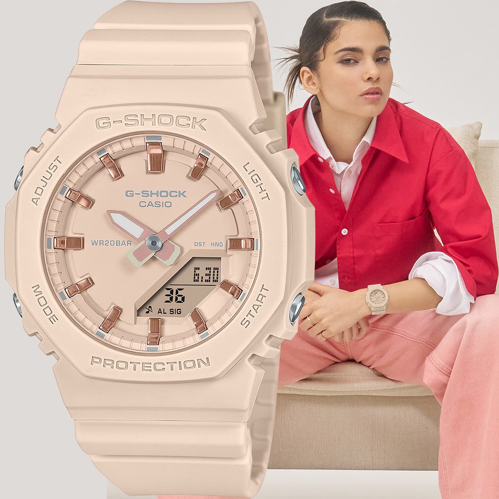 CASIO 卡西歐 G-SHOCK 優雅玫瑰金時標 八角雙顯手錶 520情人節 送禮-奶茶粉 GMA-P2100M-4A, , large