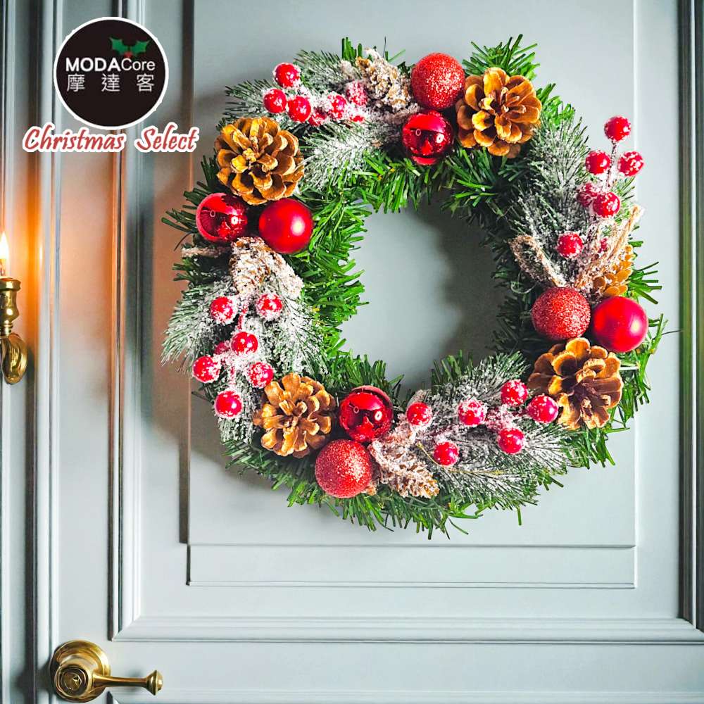 摩達客10吋冬雪系小紅莓刷白松果質感聖誕花圈福臨圈_台灣工藝免組裝_本島免運費, , large
