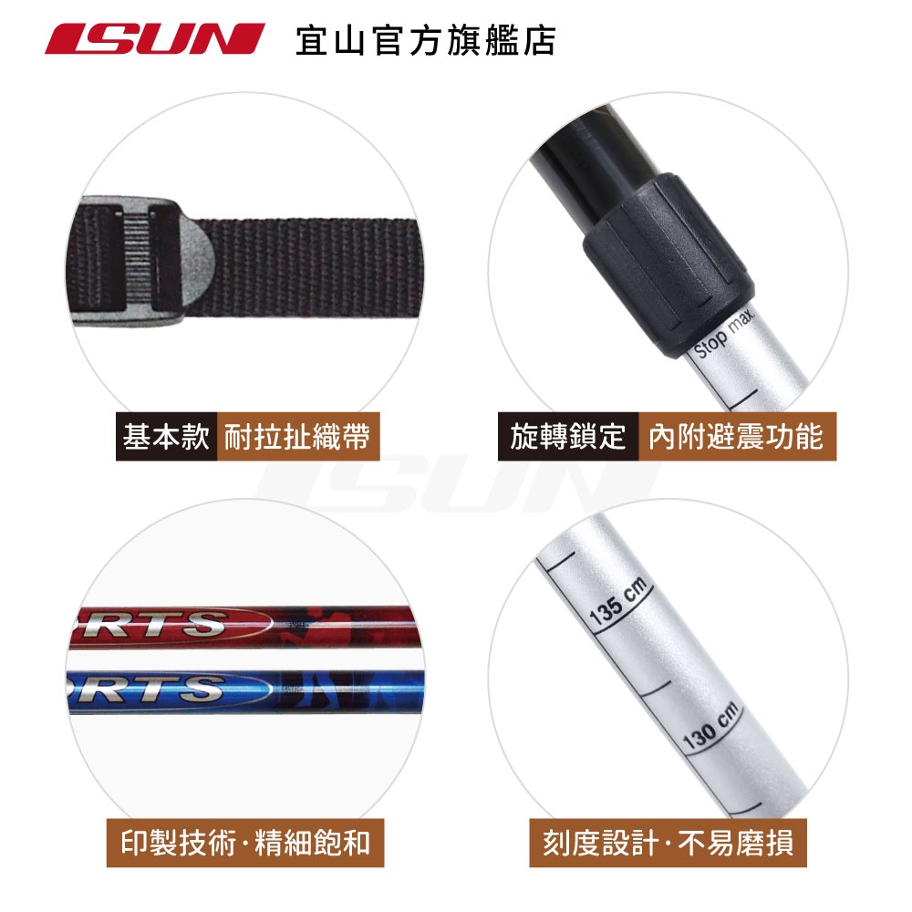 【ISUN】直把避震三節登山杖 Sports 藍色 (2入)二色可選｜入門款6011鋁合金 直柄握把 樂齡登山健走 台灣製造, , large