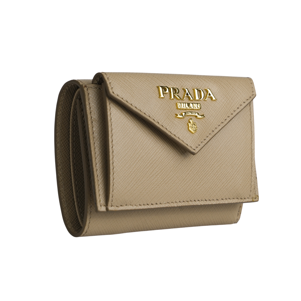 PRADA 浮雕Logo防刮皮革信封造型迷你三折短夾/藕粉色, , large