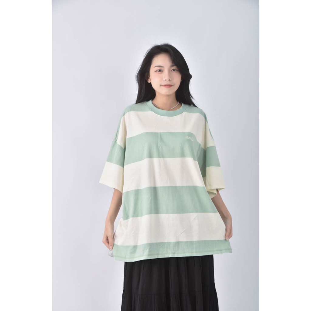 (2XL) alexandra mattiussi棉質純棉條紋綠色短袖上衣二手衣