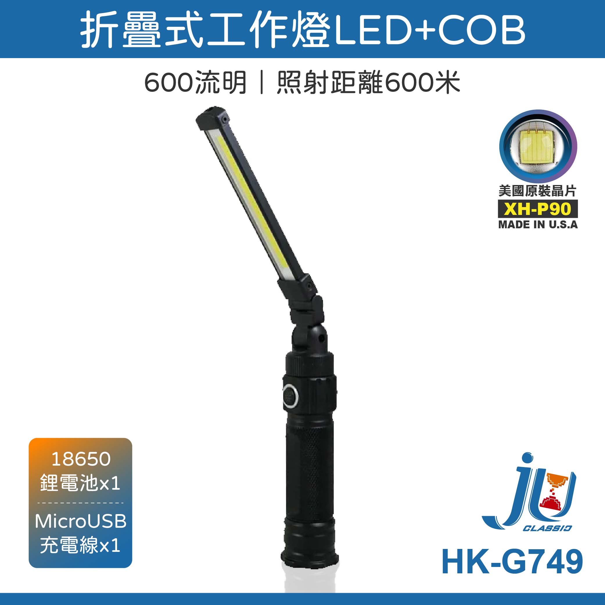 鉅玉經典｜折疊式工作燈LED+COB 照明燈 露營 磁吸 防水/油 燈條 雙軸 USB HK-G749