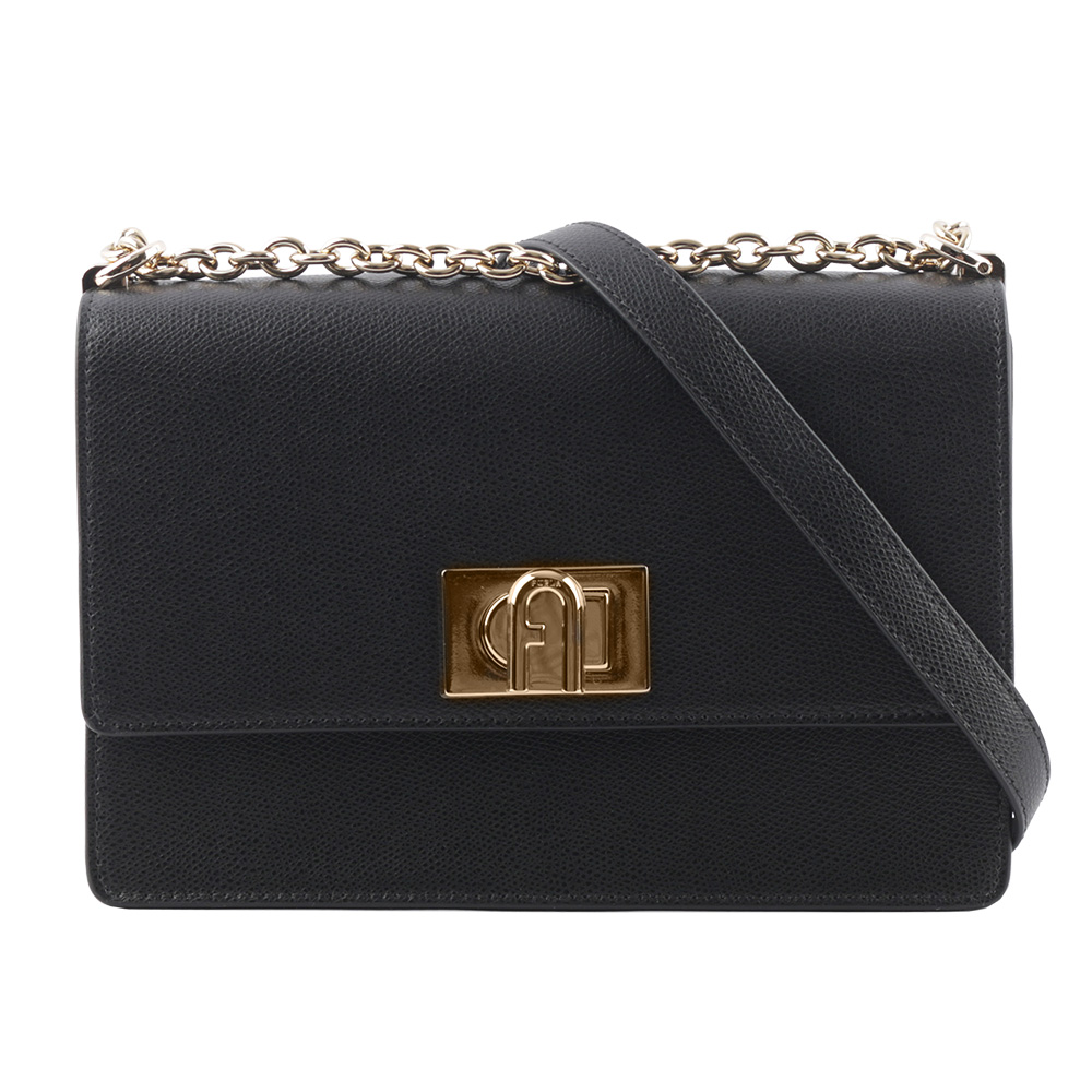 FURLA 1927 拱門轉釦小款翻蓋鏈帶二用包/黑色
