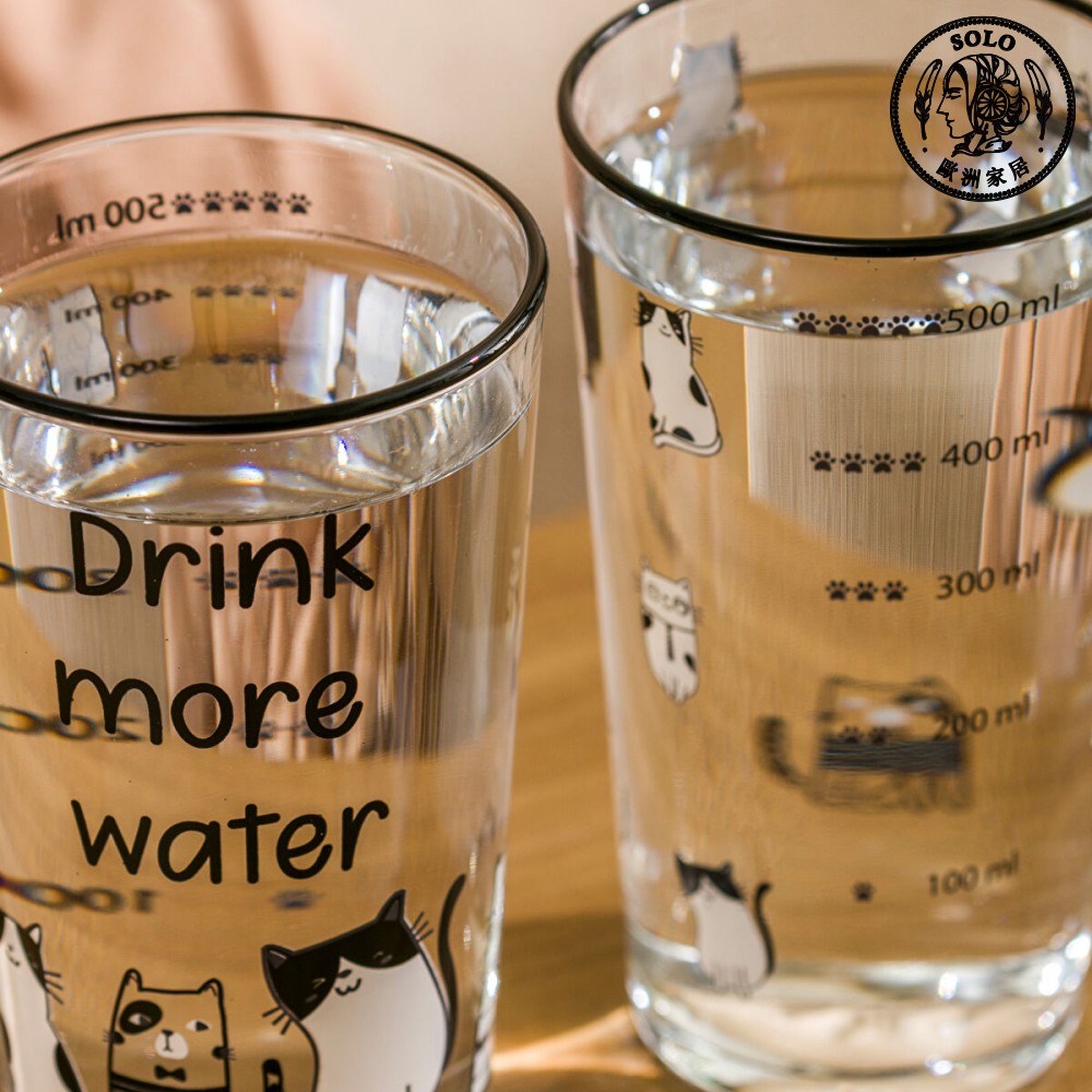 【SOLO Vintage】LCW Home 570ml Drink More Water Cute Cat Glass Cup Set Made in Turkey, , large