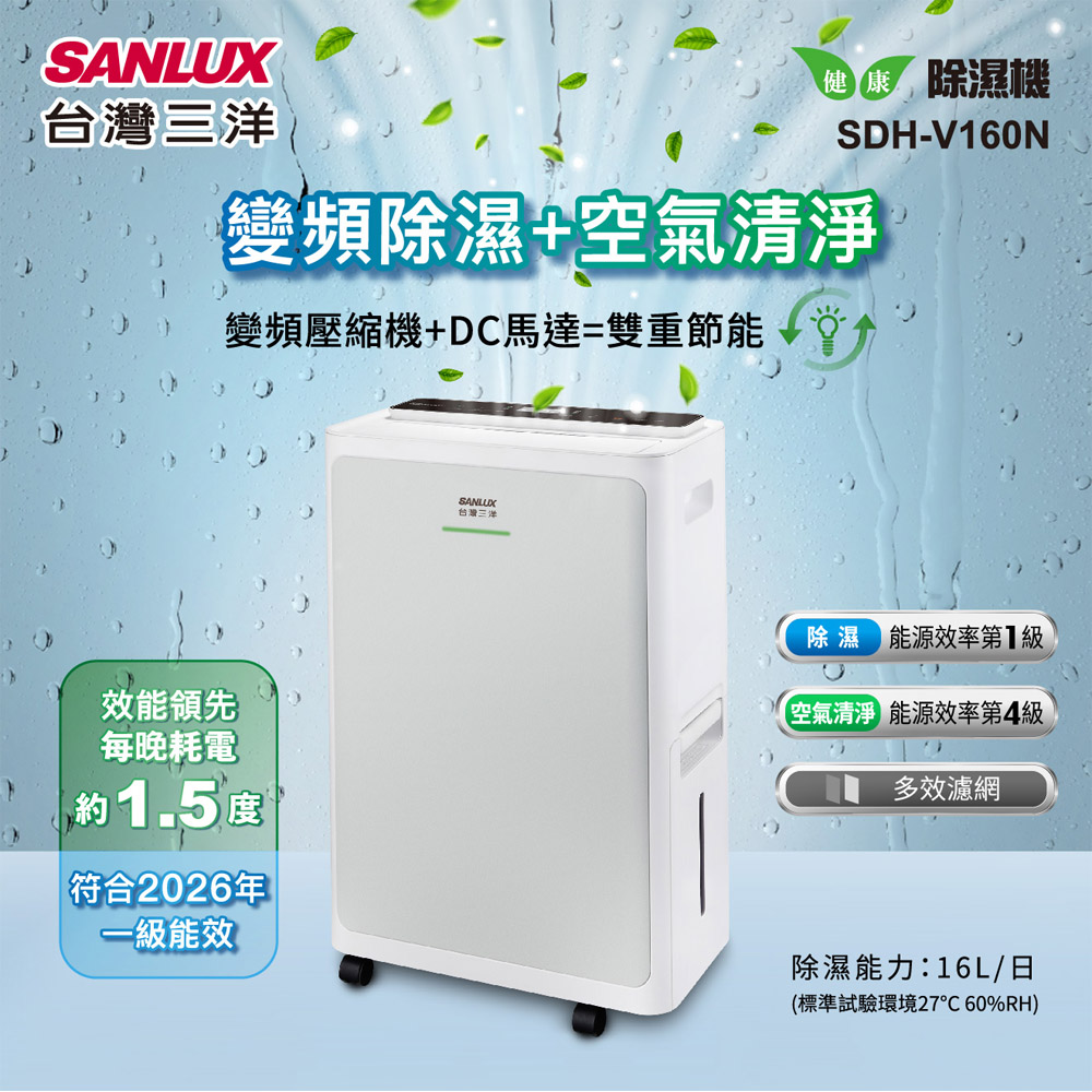 SANLUX 台灣三洋 16L變頻空氣清淨除濕機 SDH-V160N, , large