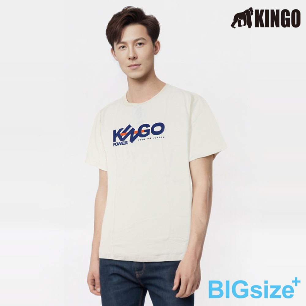 KINGO-大尺碼-男款 圓領T恤-米白-413112, , large