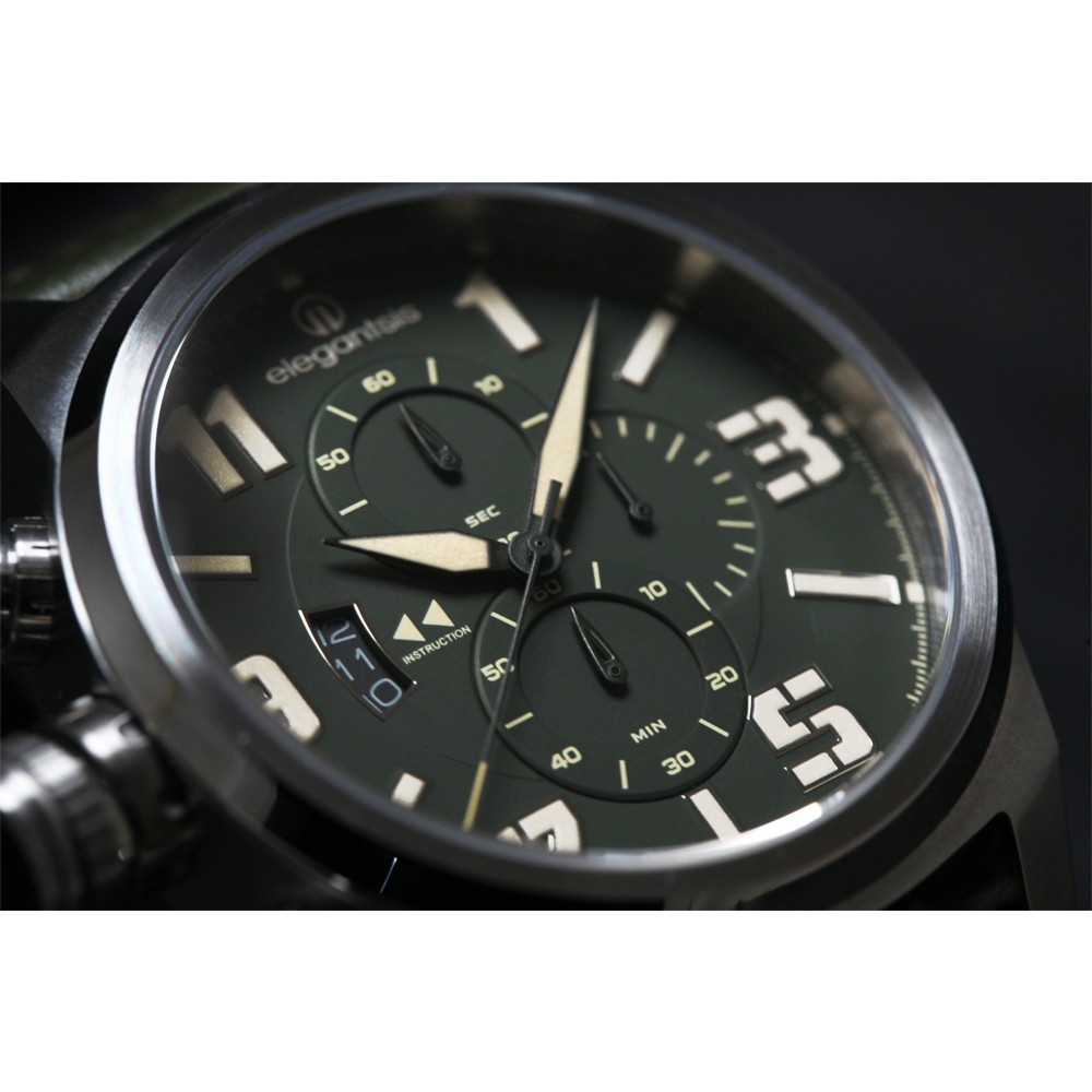 elegantsis 愛樂時 JF48QS-陸海空三軍大錶徑三眼計時手錶-陸軍綠/48mm ELJF48QS-OG05L, , large