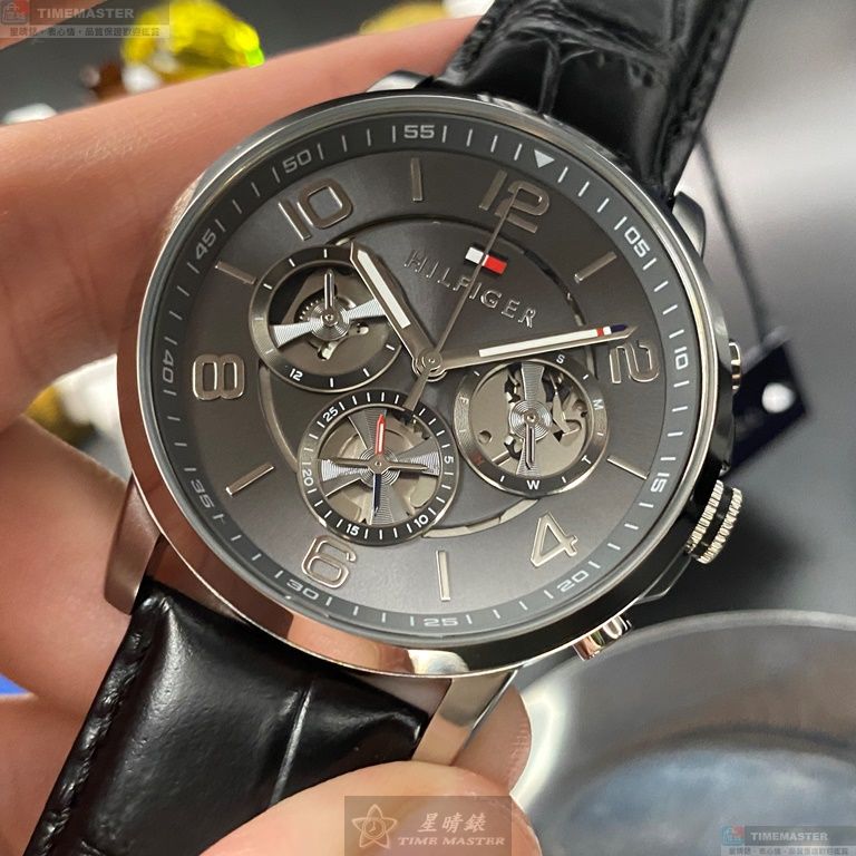 [星晴錶業]TommyHilfiger手錶,44mm,TH00011鐵灰色錶面銀錶殼深黑色真皮皮革錶帶款, , large