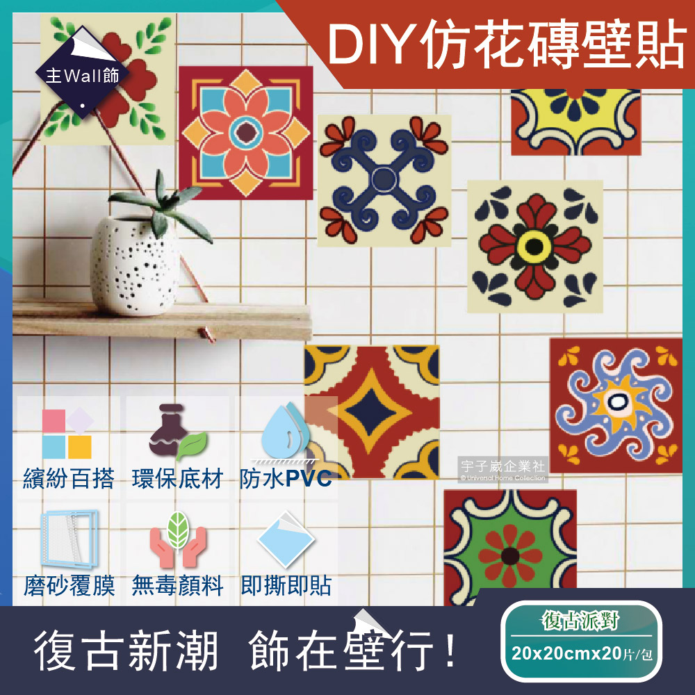 Square tile wall sticker Retro Party 20pcs, , large