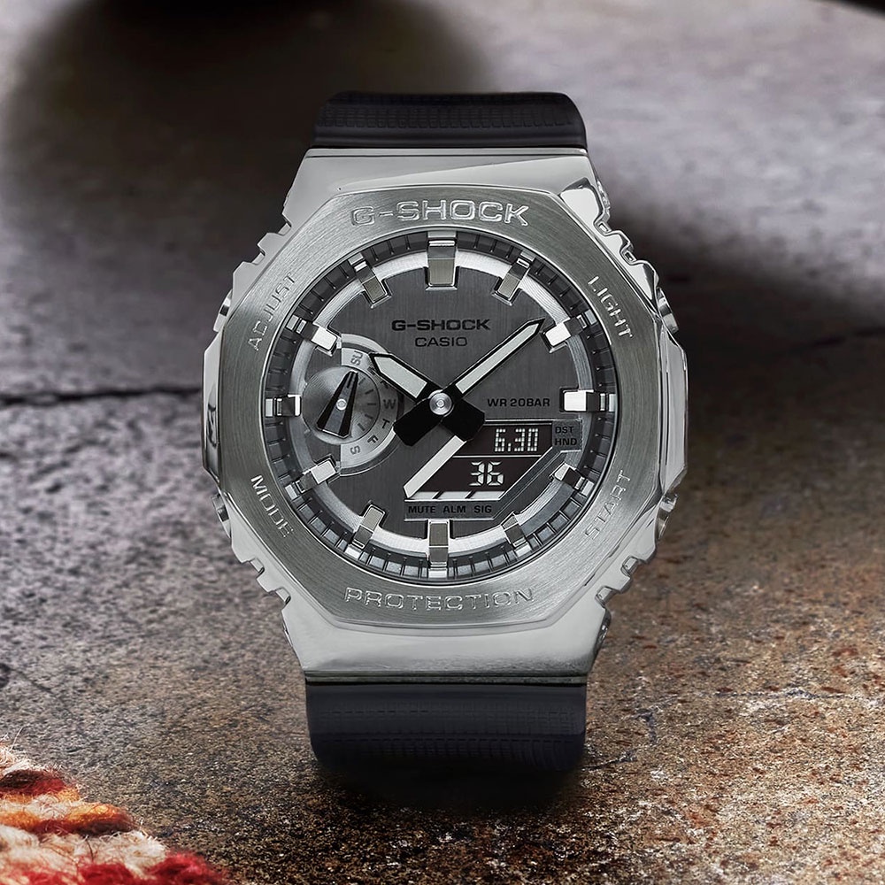 CASIO 卡西歐 G-SHOCK 八角 金屬錶殼 雙顯手錶-百搭銀灰 GM-2100-1A, , large