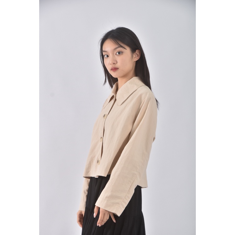 (S) stitch snap韓牌質感杏色長袖上衣二手衣, , large