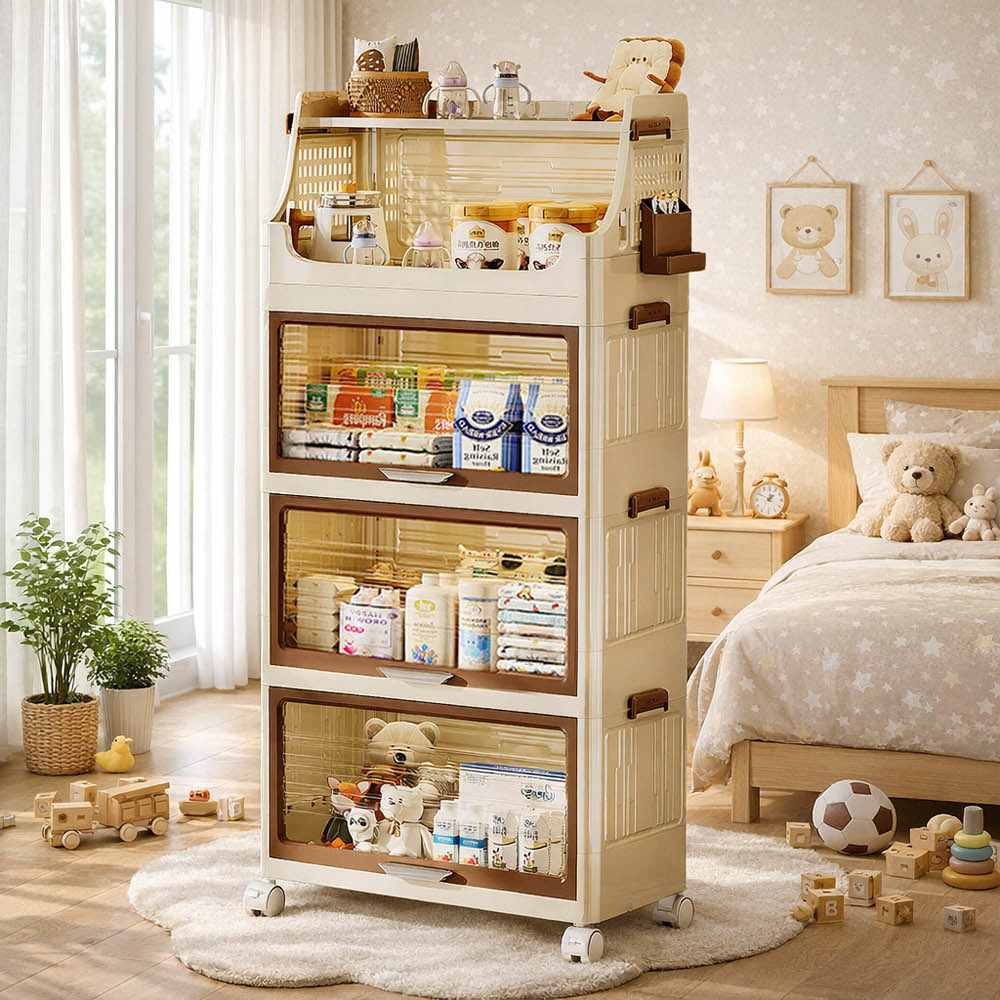 【AOTTO】58面寬可可風翻蓋附輪四層收納櫃(AC-608C), , large