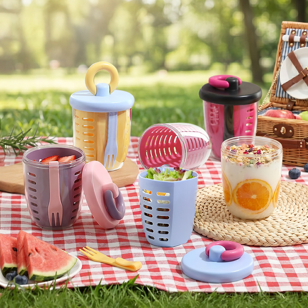 雙層沙拉杯 乾濕分離 650ml 燕麥優格杯 1杯2用 瀝水籃 隨行杯 輕食杯 密封不漏 帶蓋保鮮盒 附叉子 早餐杯, , large