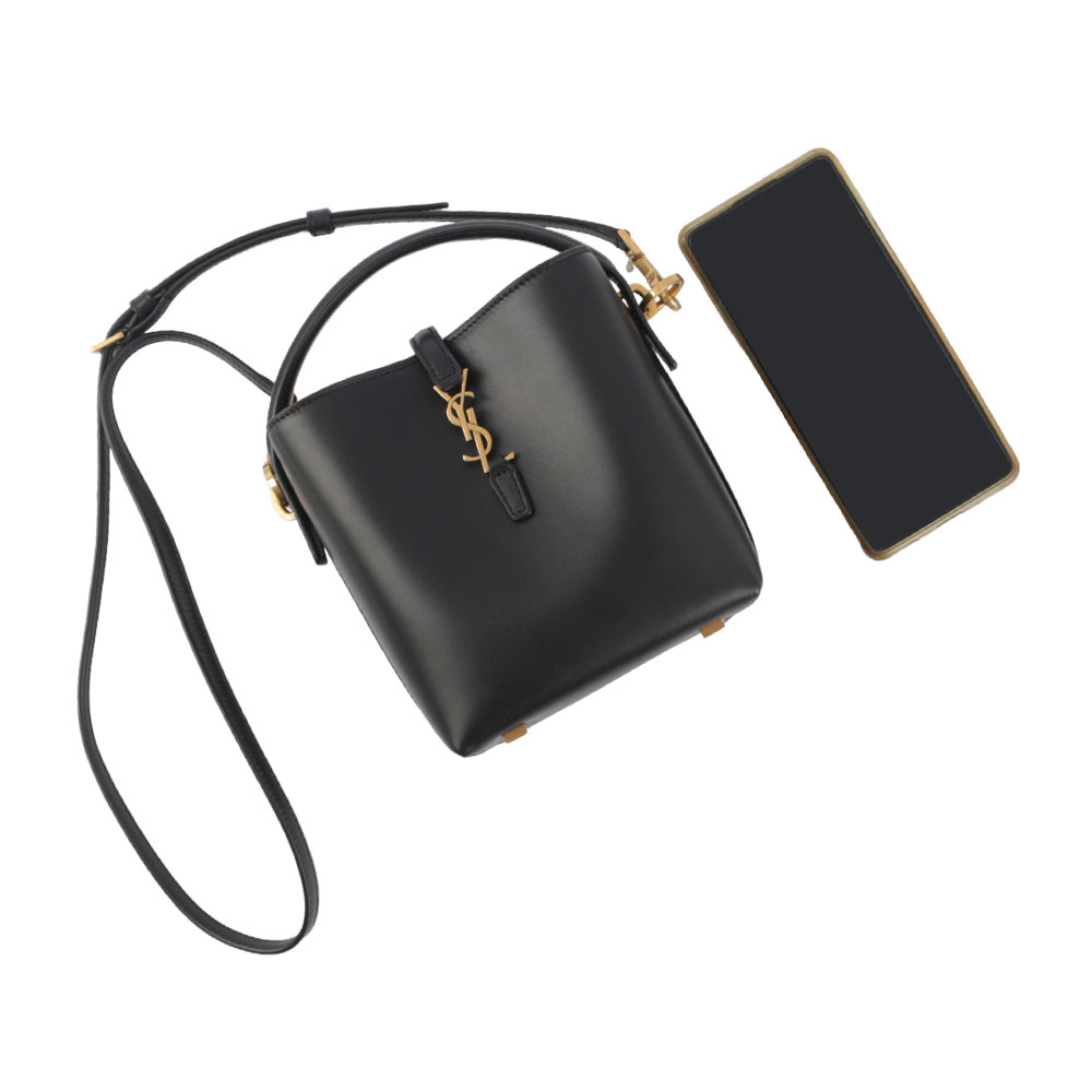 YSL LE 37 金釦小牛皮二用迷你水桶包/黑色, , large
