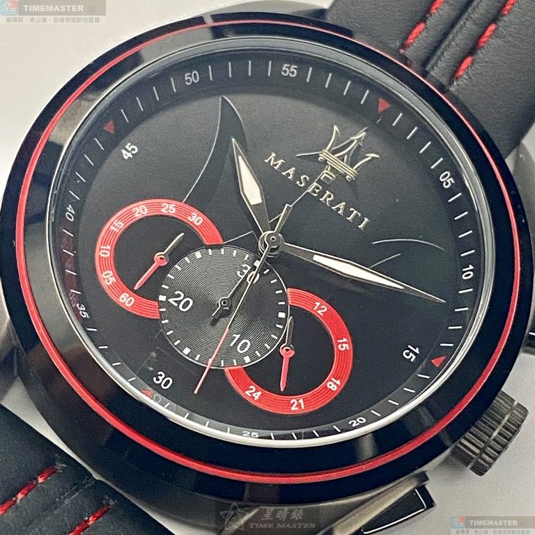 [星晴錶業]MASERATI手錶,46mm,R8871612023黑色錶面黑錶殼黑紅色真皮皮革錶帶款, , large