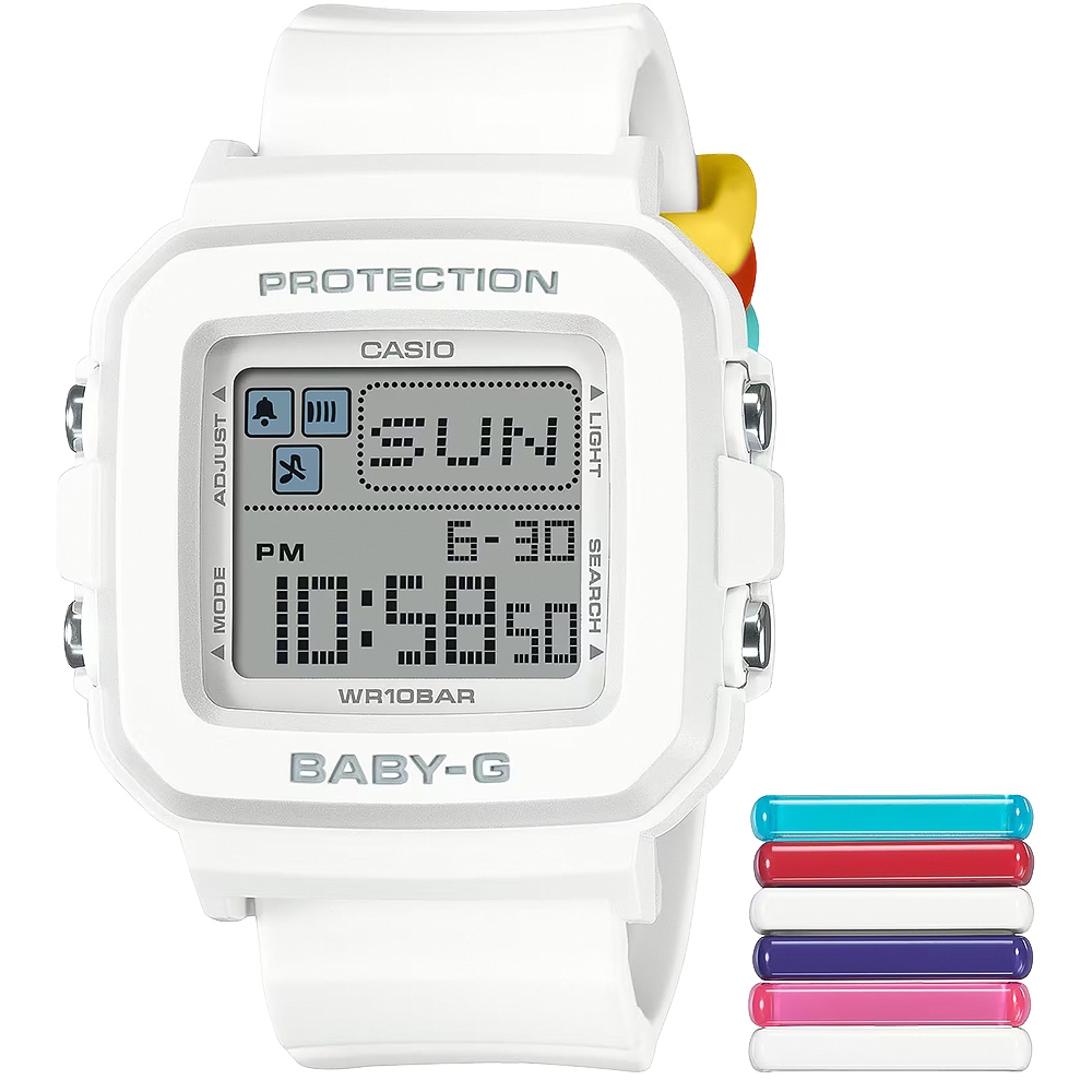CASIO 卡西歐 BABY-G 隨附6個繽紛錶帶環 像素動畫手錶 BGD-10L-7