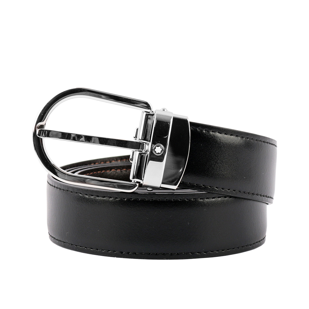 Montblanc 萬寶龍 馬蹄型亮面鍍鈀針式搭扣雙面可用皮帶/黑色/棕色, , large