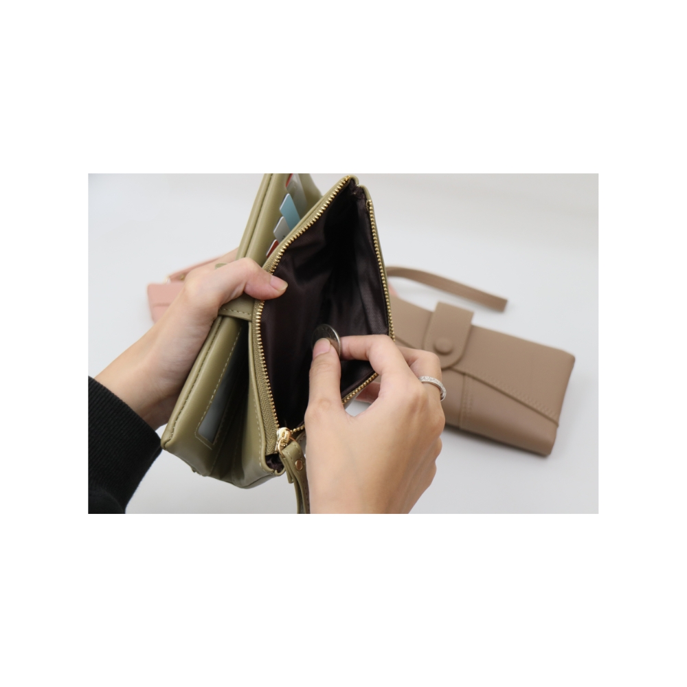 Soir&eacute;e  典雅對折長夾-灰綠 多卡位收納 人氣女用皮夾 女夾鈔票卡片零錢收納包, , large