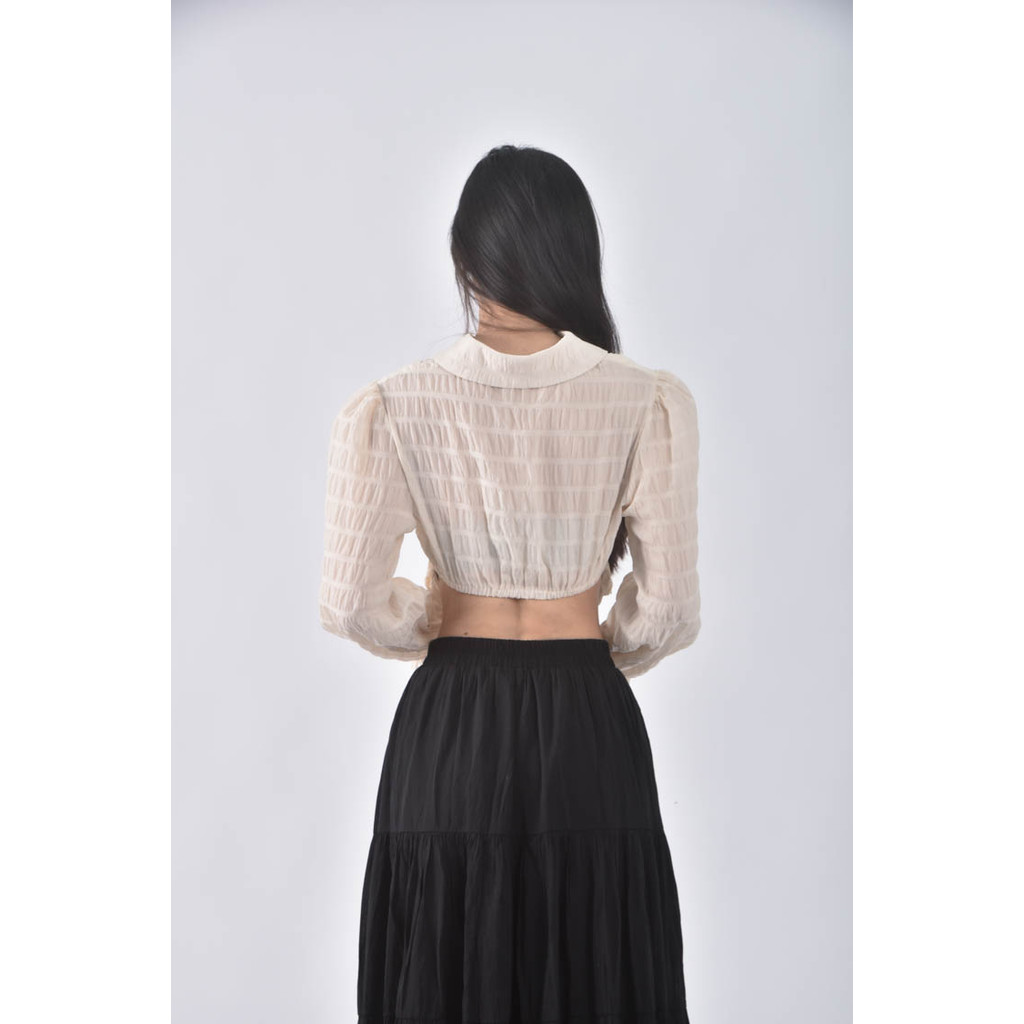 (S) design vogue質感綁帶造型杏色長袖上衣二手衣, , large