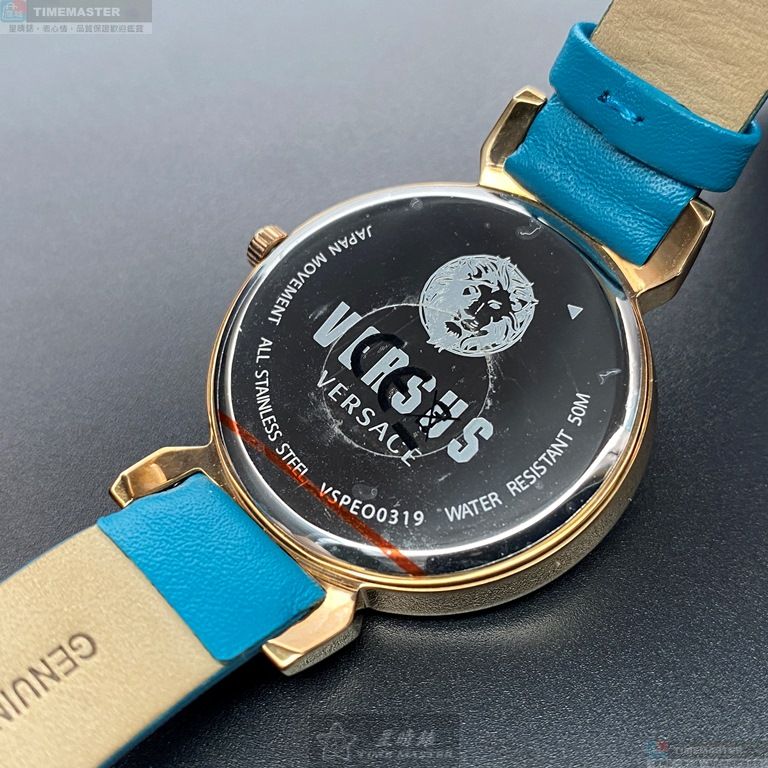 [星晴錶業]VERSUS VERSACE手錶,36mm,VV00297米粉色錶面玫瑰金錶殼淺藍真皮皮革錶帶款, , large