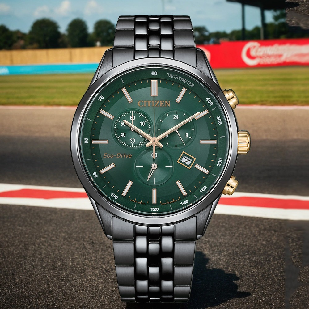 CITIZEN 星辰 亞洲限定款 森林綠 光動能三眼計時手錶-42mm AT2576-50X, , large