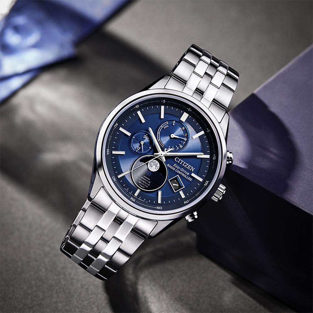 CITIZEN 星辰 光動能電波萬年曆月相手錶 BY1030-50L, , large