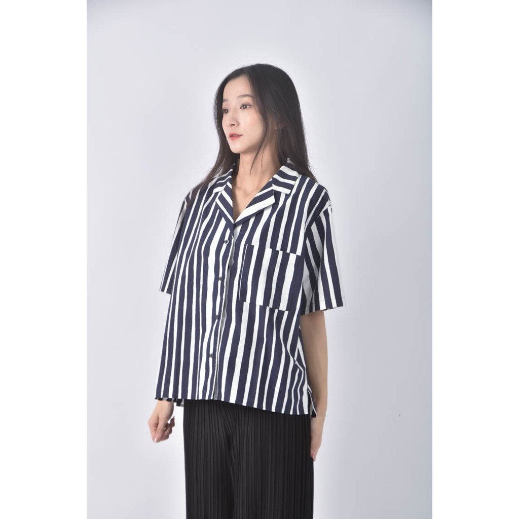 (L) uniqlo棉質純棉條紋藍色襯衫上衣二手衣, , large