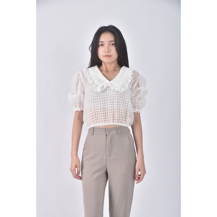 (S) topdressing韓牌質感修身短版透膚白色短袖上衣二手衣, , large