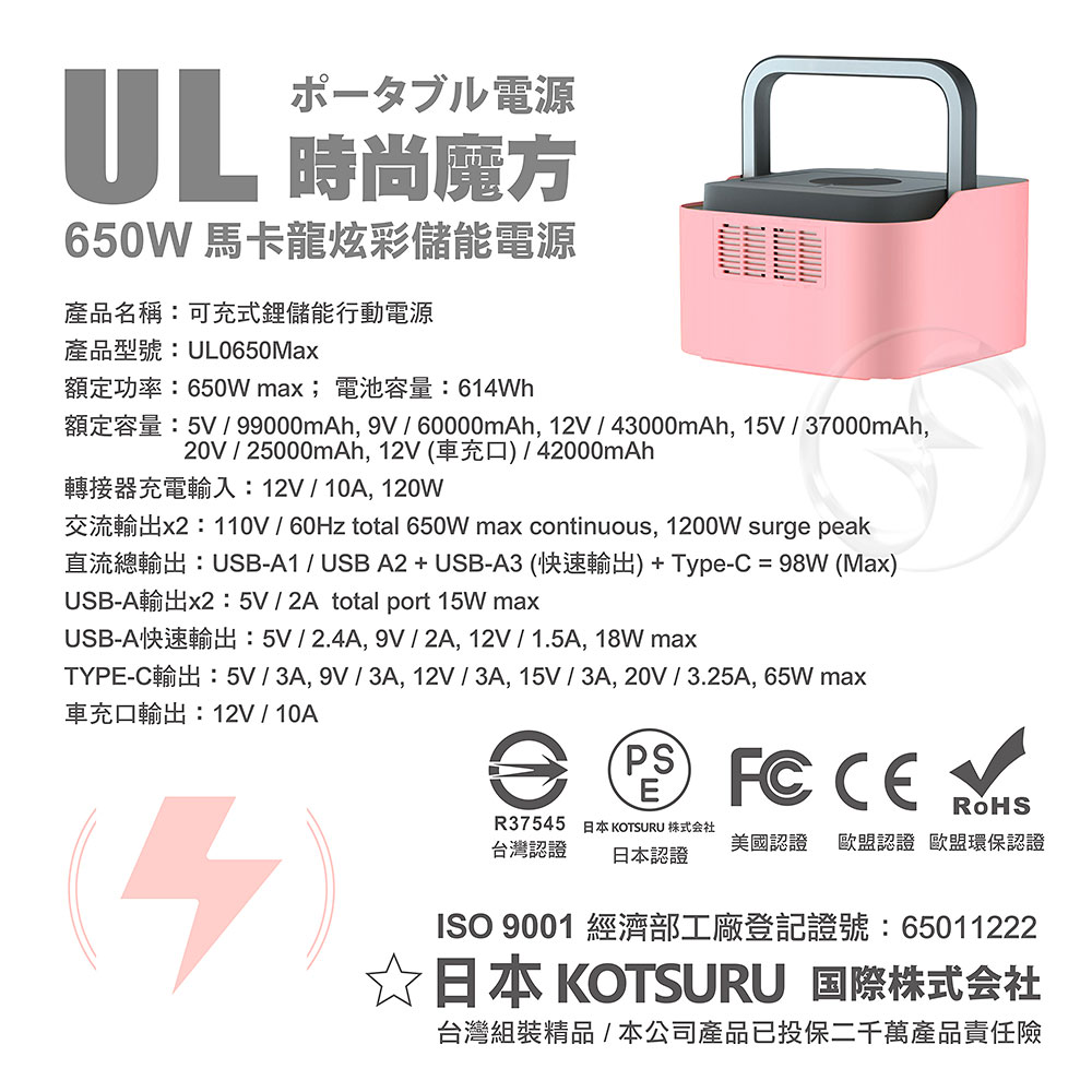 【KOTSURU】8馬赫 時尚馬卡龍儲能電源 炫彩魔方 650W大功率 台灣精品/快速完整保固服務體系(少女粉), , large